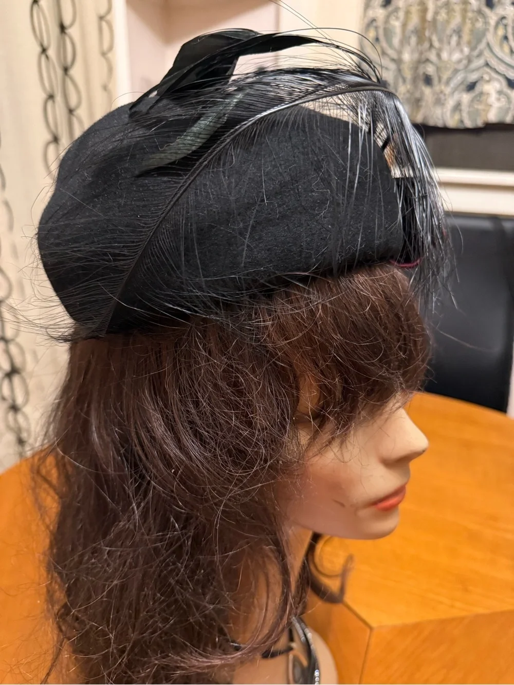 VINTAGE Miss Bierner Michael Howard Black Wool Hat Feather Rhinestone